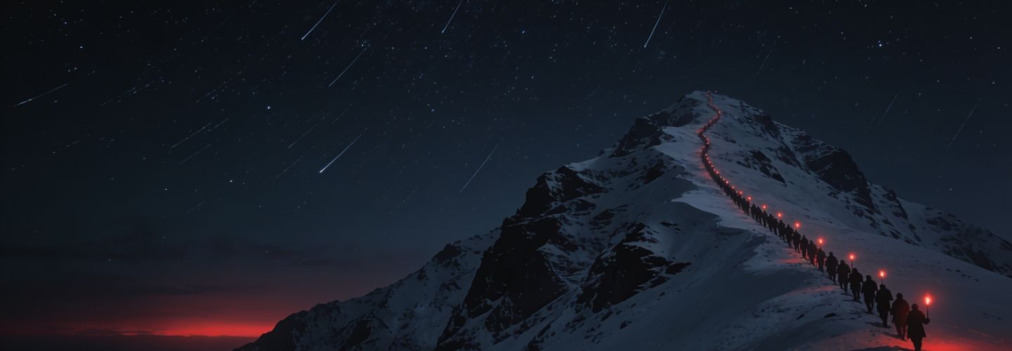 红军队伍在风雪夜沿雪山脊线行进